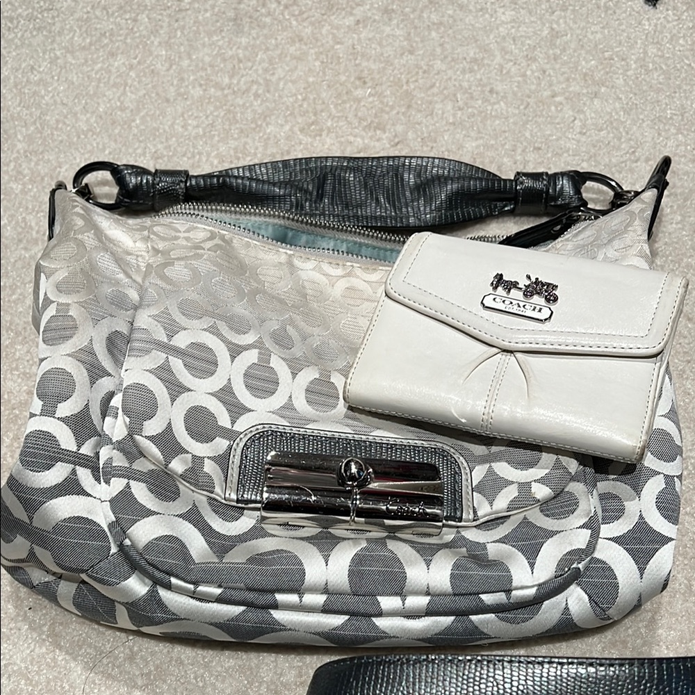 Coach Gray and Black Leather Shoulder Bag with Chain Detail
